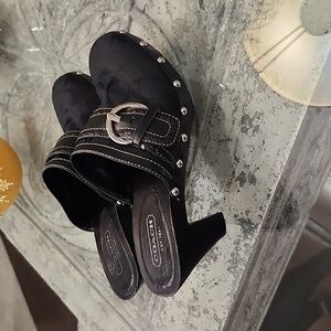 Coach black Sable women's wooden studded clogs signature jacquard size 9